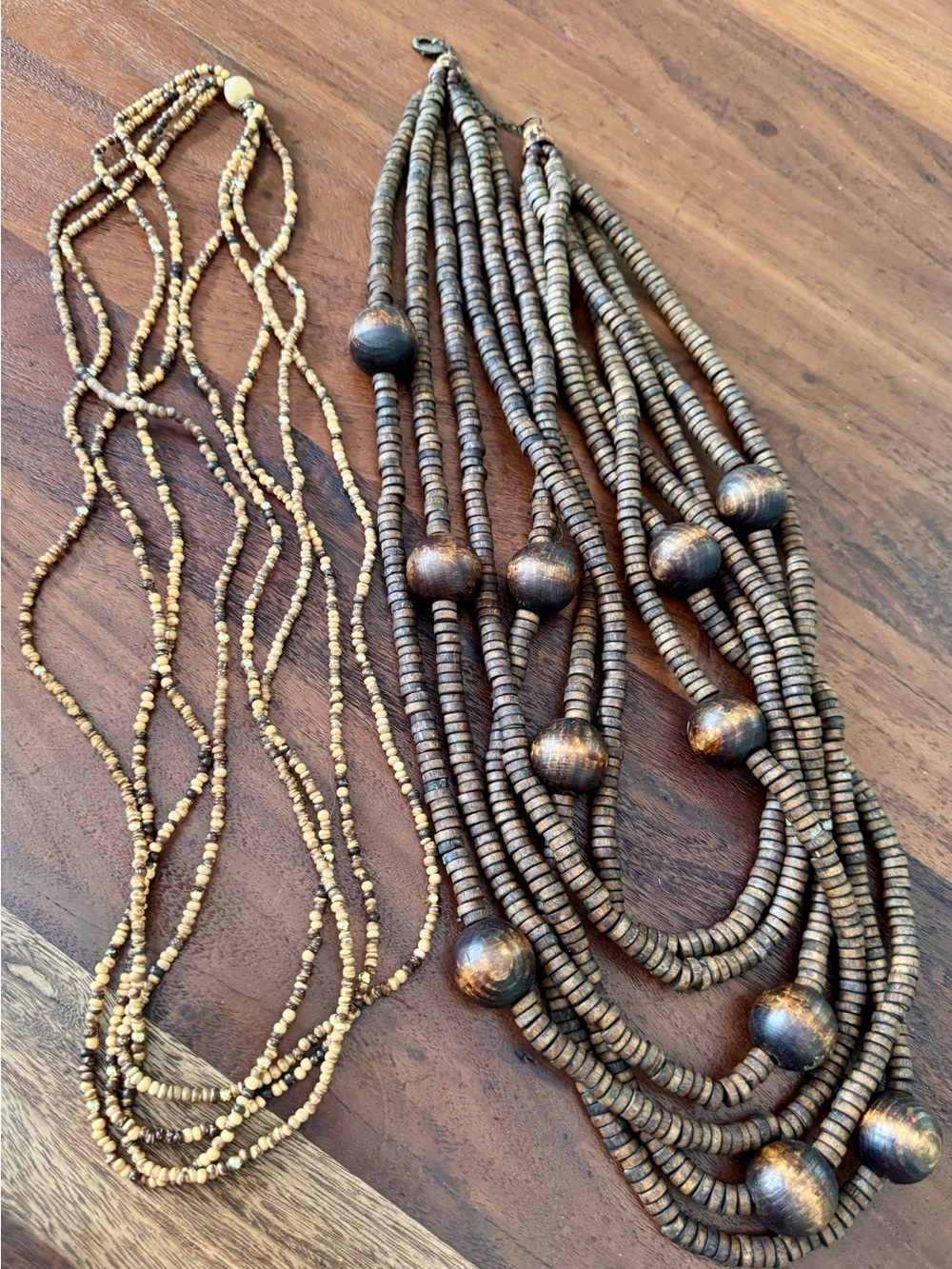 Vintage Multi Stranded Large Wooden Beaded Necklace and 2nd Small Beaded One
